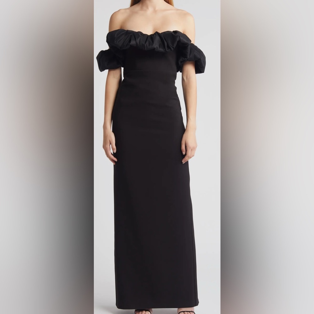LIKELY Griffin Off The Shoulder Floor‎ Length Gown Black Taffeta Ruffle Size 14